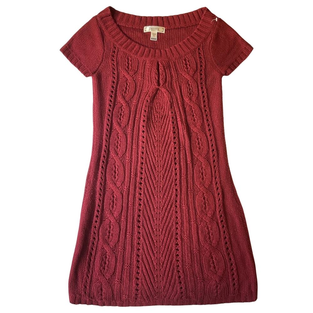 Decree Women Dress Size M Red Cable Knit Sweater Dress Short Sleeve Knee Length